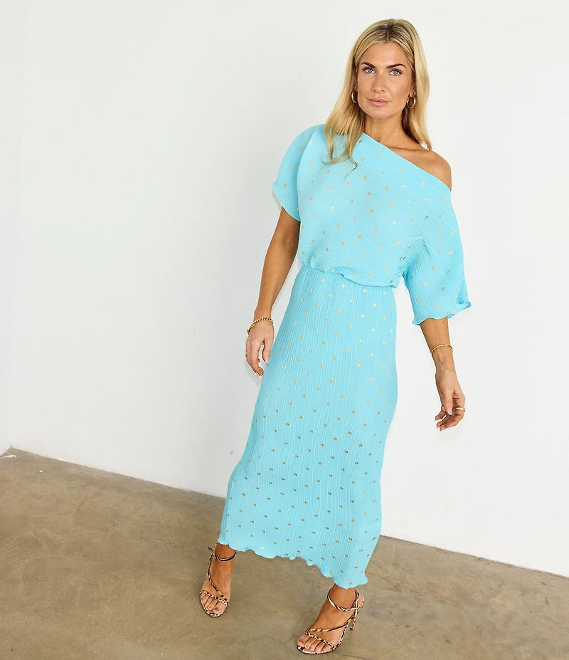 Never Fully Dressed Tilly Plisse Gold Fleck Print One Shoulder Neck Short Sleeve Maxi Dress