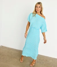 Never Fully Dressed Tilly Plisse Gold Fleck Print One Shoulder Neck Short Sleeve Maxi Dress