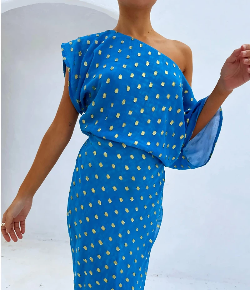 Never Fully Dressed Tilly Plisse Gold Foil Fleck Print One Shoulder Neck Short Sleeve Maxi Dress