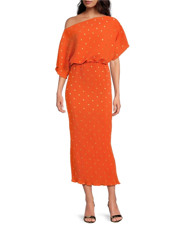 Never Fully Dressed Tilly Plisse Gold Fleck Print One Shoulder Neck Short Sleeve Maxi Dress | Liberty Center Never Fully Dressed Tilly Plisse Gold Fleck Print One Shoulder Neck Short Sleeve Maxi Dress | Liberty Center
