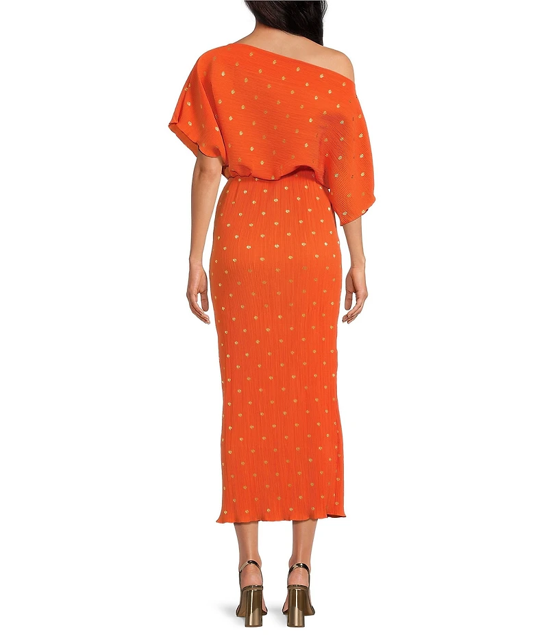 Never Fully Dressed Tilly Plisse Gold Fleck Print One Shoulder Neck Short Sleeve Maxi Dress
