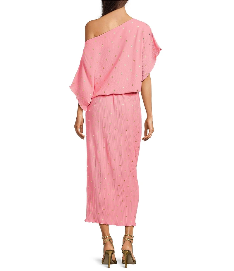 Never Fully Dressed Tilly Plisse Gold Fleck Print One Shoulder Neck Short Sleeve Maxi Dress