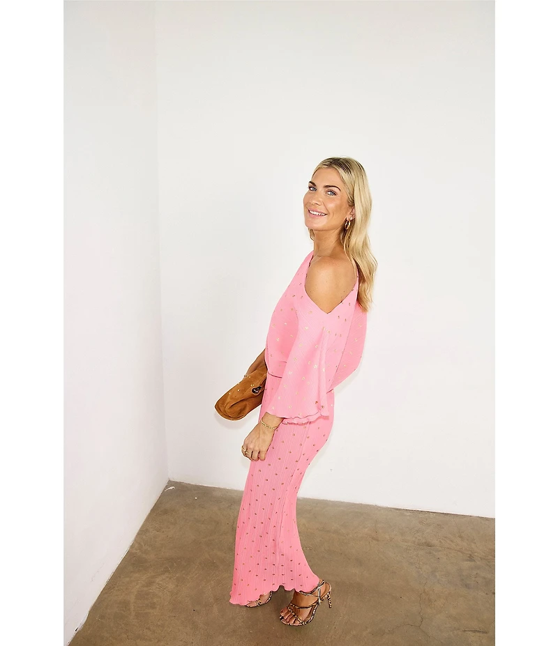 Never Fully Dressed Tilly Plisse Gold Fleck Print One Shoulder Neck Short Sleeve Maxi Dress