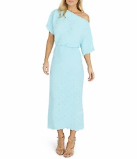 Never Fully Dressed Tilly Plisse Silver Fleck Print One Shoulder Neck Short Sleeve Midi Dress