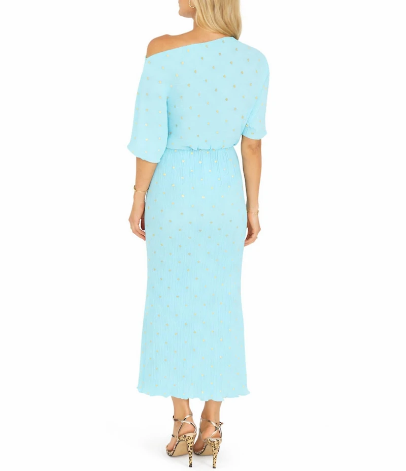 Never Fully Dressed Tilly Plisse Silver Fleck Print One Shoulder Neck Short Sleeve Midi Dress