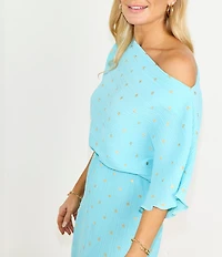 Never Fully Dressed Tilly Plisse Silver Fleck Print One Shoulder Neck Short Sleeve Midi Dress