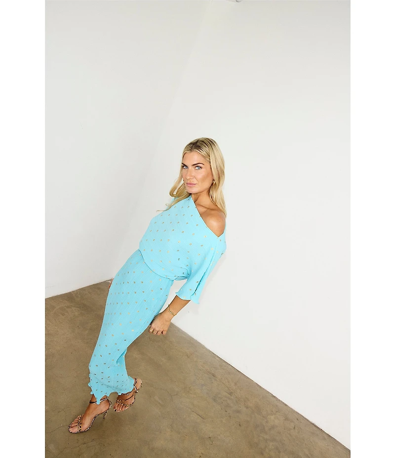Never Fully Dressed Tilly Plisse Silver Fleck Print One Shoulder Neck Short Sleeve Midi Dress