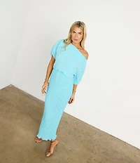 Never Fully Dressed Tilly Plisse Silver Fleck Print One Shoulder Neck Short Sleeve Midi Dress
