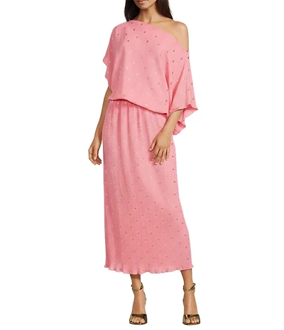 Never Fully Dressed Tilly Plisse Silver Fleck Print One Shoulder Neck Short Sleeve Midi Dress