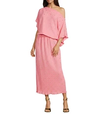 Never Fully Dressed Tilly Plisse Silver Fleck Print One Shoulder Neck Short Sleeve Midi Dress