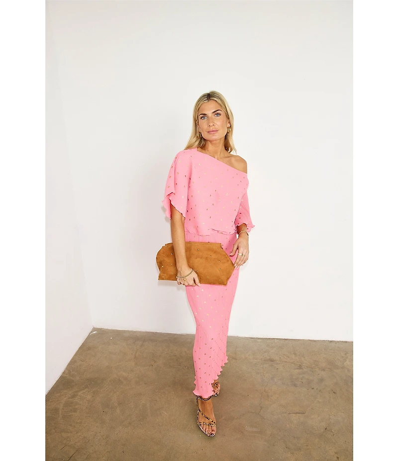 Never Fully Dressed Tilly Plisse Silver Fleck Print One Shoulder Neck Short Sleeve Midi Dress