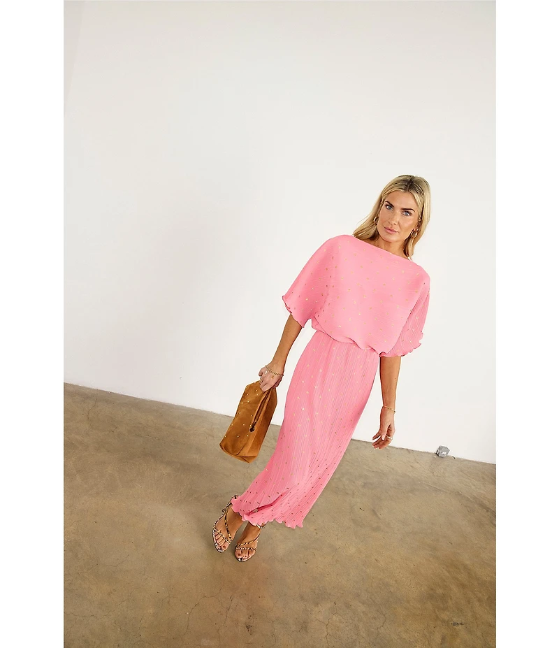 Never Fully Dressed Tilly Plisse Silver Fleck Print One Shoulder Neck Short Sleeve Midi Dress