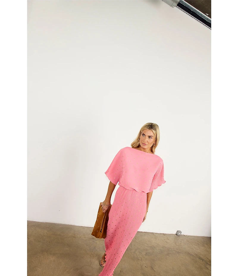 Never Fully Dressed Tilly Plisse Silver Fleck Print One Shoulder Neck Short Sleeve Midi Dress