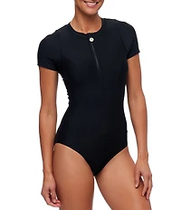 Next by Athena Good Karma Malibu Short Sleeve Zip Up One-Piece Swimsuit
