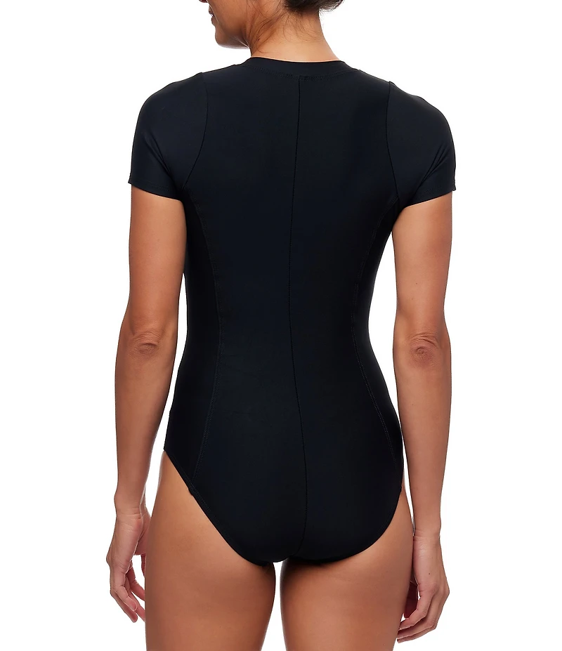 Next by Athena Good Karma Malibu Short Sleeve Zip Up One-Piece Swimsuit