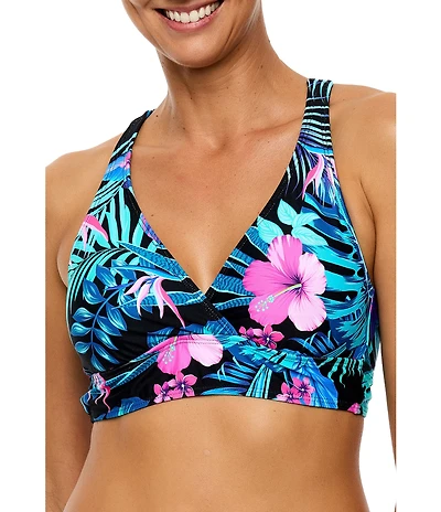 Next by Athena Island Luau 25 Min Surplice V-Neck Strappy Back Sport Bra Swim Top