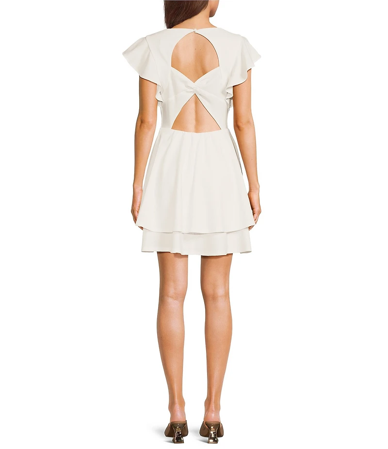 Next Up Short Flutter Sleeve V-Neck Back Twist Cut Out Loop And Button Solid Dress