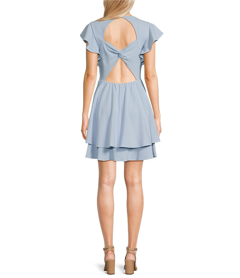 Next Up Short Flutter Sleeve V-Neck Back Twist Cut Out Loop And Button Solid Dress