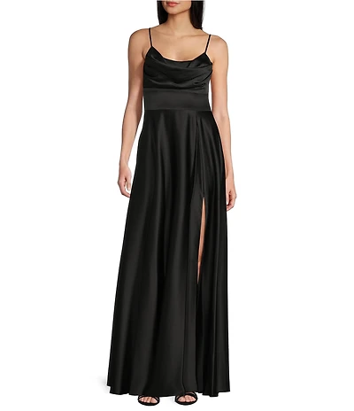 Next Up Satin Cowl Neck Corset Front Slit Long Dress