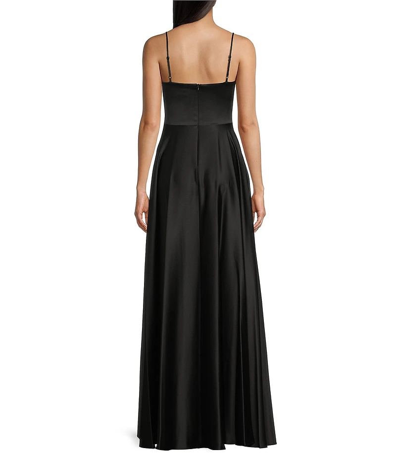 Next Up Satin Cowl Neck Corset Front Slit Long Dress