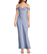 Next Up Cowl Neck Off The Shoulder Spaghetti Strap Front Slit Dress
