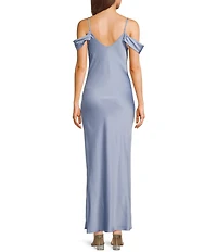 Next Up Cowl Neck Off The Shoulder Spaghetti Strap Front Slit Dress