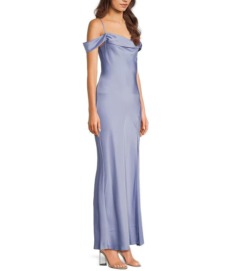 Next Up Cowl Neck Off The Shoulder Spaghetti Strap Front Slit Dress