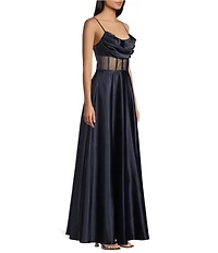 Next Up Drape Neck Illusion Corset Satin Gown