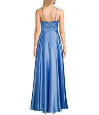 Next Up Floral Sweetheart Neck Adjustable Spaghetti Strap Front Slit Dress