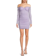 Next Up Glitter Off-The-Shoulder Sweetheart Neck Long Sleeve Shirred Bodycon Dress
