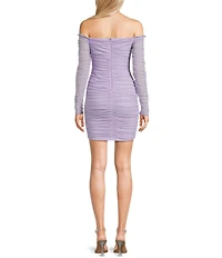 Next Up Glitter Off-The-Shoulder Sweetheart Neck Long Sleeve Shirred Bodycon Dress