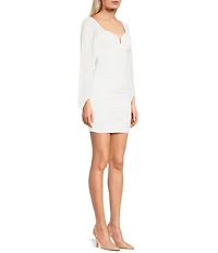 Next Up Glitter V-Neck Long Sleeve Twist Back Shirred Bodycon Dress