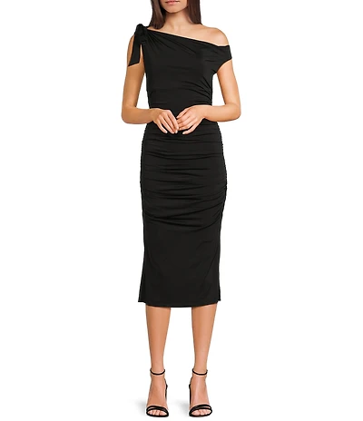 Next Up One Shoulder Bow Shirred Side Slit Midi Dress