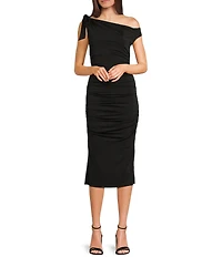 Next Up One Shoulder Bow Shirred Side Slit Midi Dress