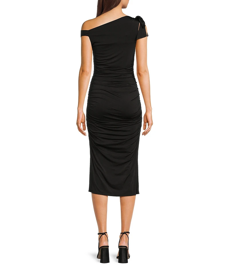 Next Up One Shoulder Bow Shirred Side Slit Midi Dress
