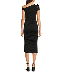 Next Up One Shoulder Bow Shirred Side Slit Midi Dress