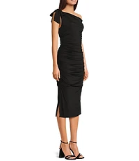 Next Up One Shoulder Bow Shirred Side Slit Midi Dress