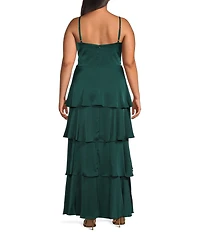 Next Up Plus Size Cowl Neck Spaghetti Strap Mesh Waist Tiered Ruffle Dress