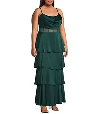 Next Up Plus Size Cowl Neck Spaghetti Strap Mesh Waist Tiered Ruffle Dress