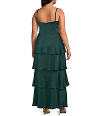Next Up Plus Size Cowl Neck Spaghetti Strap Mesh Waist Tiered Ruffle Dress