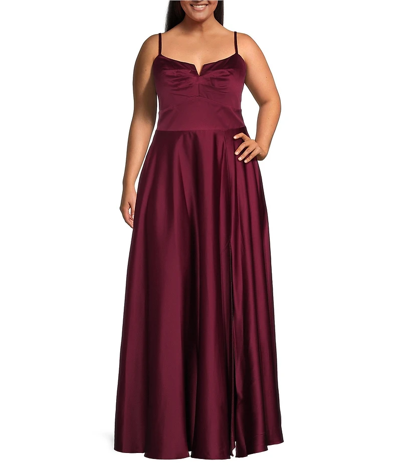 Next Up Plus Size Spaghetti Strap V-Neck Front Slit A-Line Dress