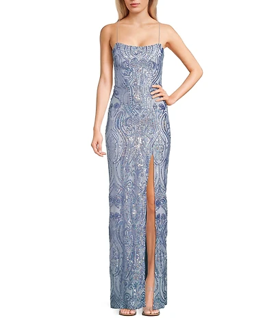 Next Up Printed Sequin Square Neck Front Slit Bungee X-Back Dress