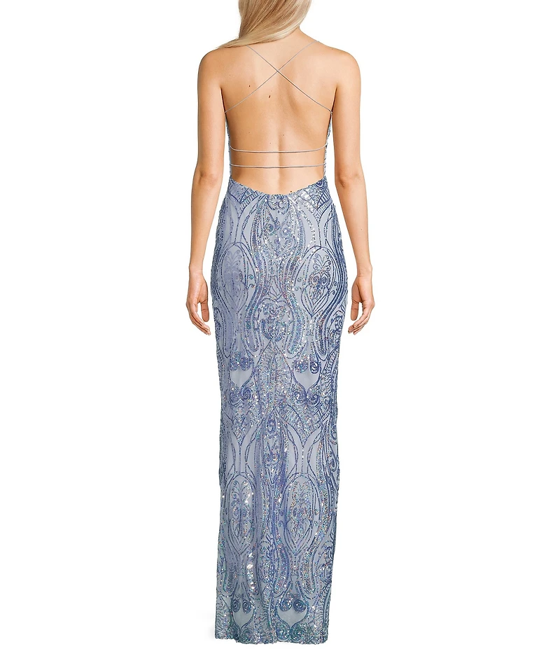 Next Up Printed Sequin Square Neck Front Slit Bungee X-Back Dress