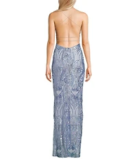 Next Up Printed Sequin Square Neck Front Slit Bungee X-Back Dress
