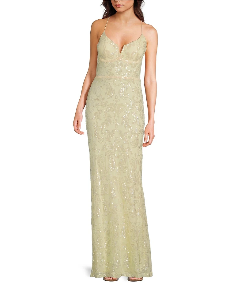Next Up Printed Sequined Split V-Neck Spaghetti Strap Dress