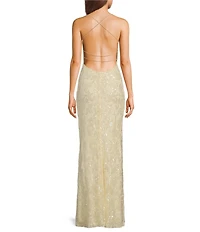 Next Up Printed Sequined Split V-Neck Spaghetti Strap Dress