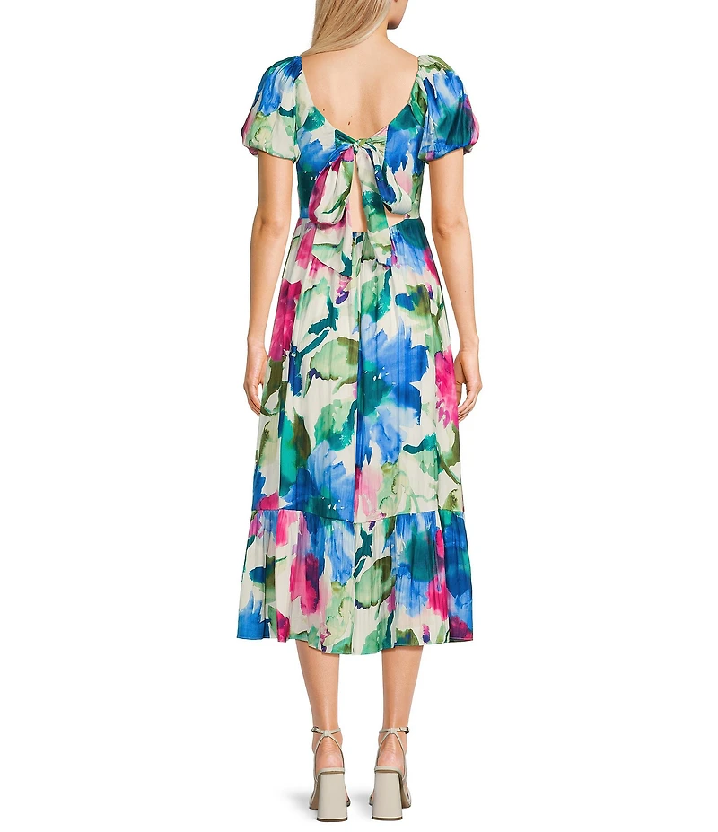 Next Up Printed Short Puff Sleeve Sweetheart Neck Front Twist Tie Back Midi Dress