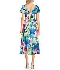 Next Up Printed Short Puff Sleeve Sweetheart Neck Front Twist Tie Back Midi Dress