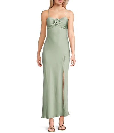 Next Up Satin Sweetheart Neck Front Rosette Side Slit Midi Dress