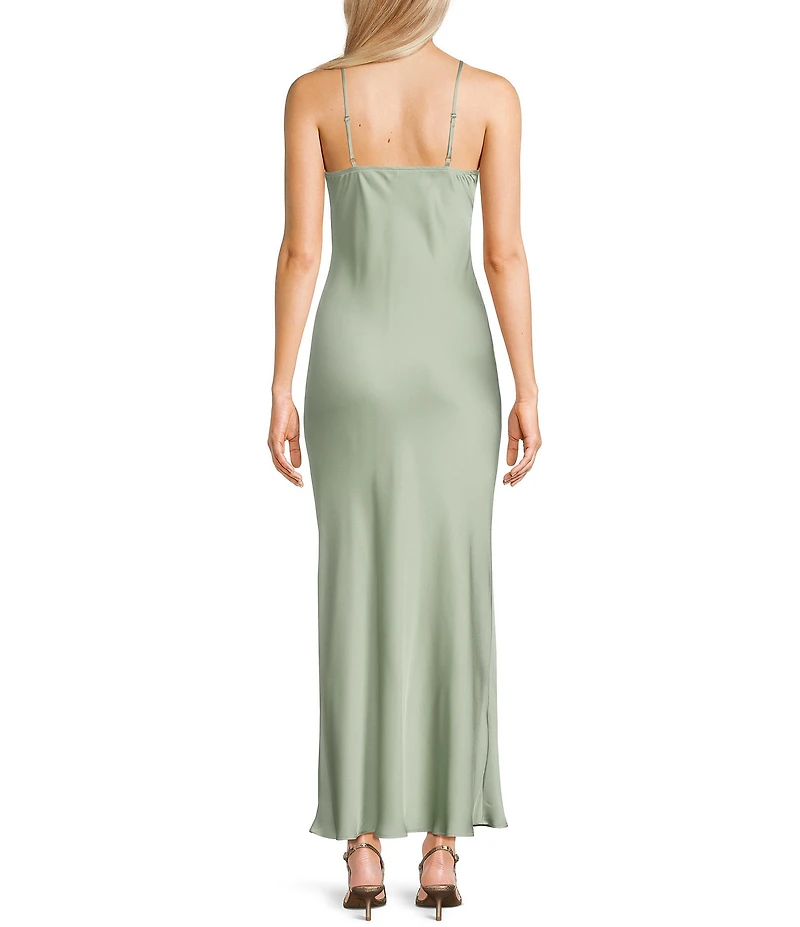 Next Up Satin Sweetheart Neck Front Rosette Side Slit Midi Dress